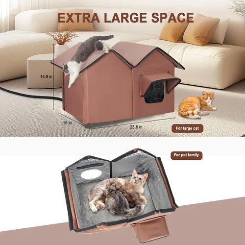 Vista 4 de Casa grande para gatos con calefacción para exteriores en invierno, casa elevada impermeable para gatos al aire libre con almohadilla térmica, casa