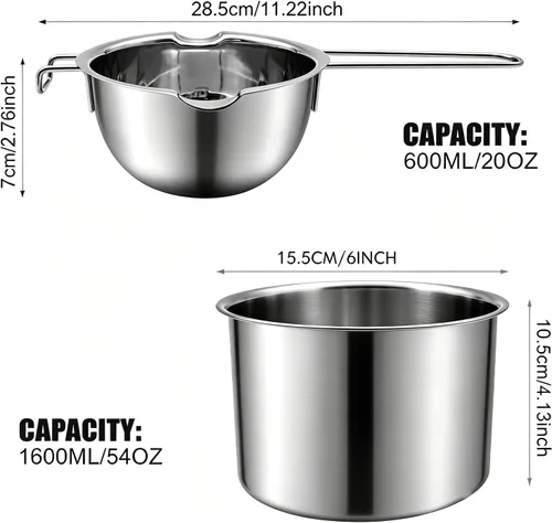 Vista 2 de Juego de ollas de doble caldera de acero inoxidable con espátula de silicona para derretir chocolate, mantequilla, queso 20.3 fl oz+ 54.1 fl oz
