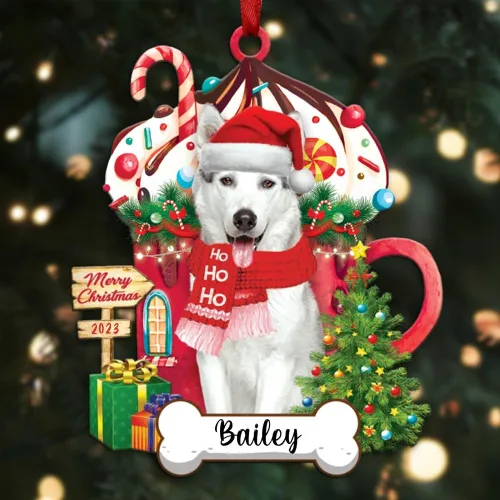 Vista 55 de Akita1 - Adorno personalizado para perro, adorno de perro con nombre personalizado, plano impreso en 2D, acrílico colgante, Papá Noel y perro