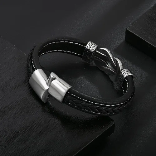 Vista 3 de Pulsera de cuero con nudo infinito para hombre, acero inoxidable, negromarrón, cuero genuino, trenzada, pulsera de joyería para hombres, padre