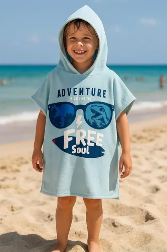 Vista 3 de Toalla de poncho de playa con capucha para niños, 100% algodón turco en el interior y microfibra de secado rápido en el exterior - Suave
