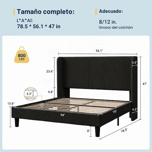 Vista 2 de Allewie Marco de cama tamaño completo con cabecera tapizada tipo wingback, cama plataforma de terciopelo de pana con capitoné de canales verticales