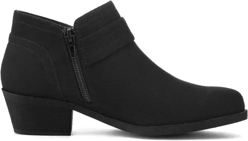 Vista 5 de mysoft Botas de tobillo para mujer, tacón bajo y grueso, cómodas botas de punta redonda con cremallera lateral Ante negro