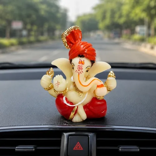 Vista 4 de Gold Art India Ídolo de cerámica de Ganesh para tablero de automóvil, ídolo de Ganesha Murti Ganpati para decoración del hogar, estatua de Puja Lord