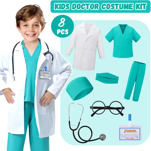 Vista 2 de FUNSENLY Disfraz de Doctor para Niños - Conjunto de Disfraces de 8 Piezas para Niños, Disfraces de Halloween para Niños Pequeños para Niñas y Niños