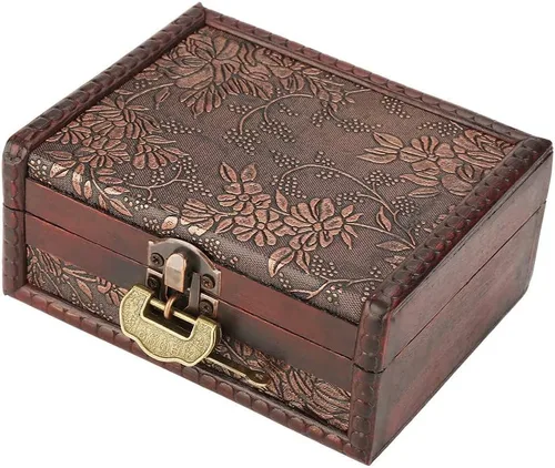 Vista 9 de Caja del tesoro, caja de almacenamiento de joyería de madera vintage con cerradura de metal, caja de regalo retro hecha a mano para almacenar