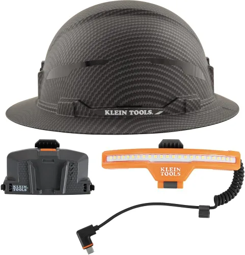Vista 13 de Casco duro Klein Tools, con borde completo no ventilado, patrón KARBN premium, Clase E, probado hasta 20kV, banda acolchada que absorbe el sudor