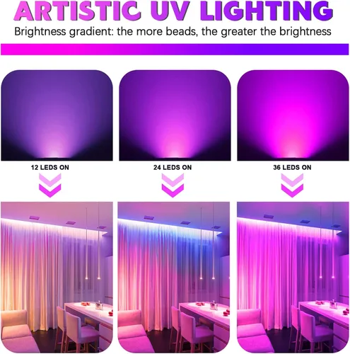 Vista 8 de U`King Luces negras para fiesta brillante, 72 W, UV, 36 LED, luz negra que brilla en la oscuridad, luz negra estroboscópica con control remoto DMX