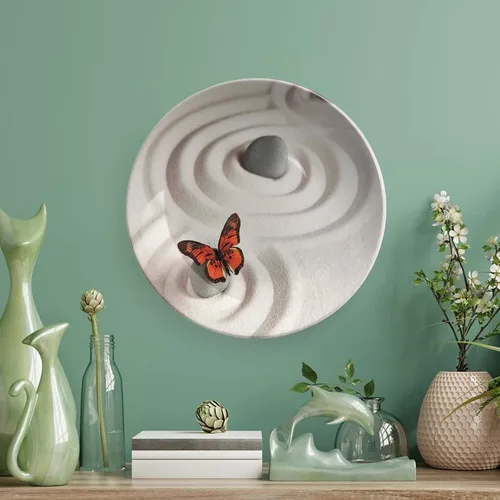Vista 5 de Plato decorativo de 6 pulgadas, diseño de mariposas de cerámica, diseño de roca zen en la arena, serenidad, ciclo de vida, placa de exhibición