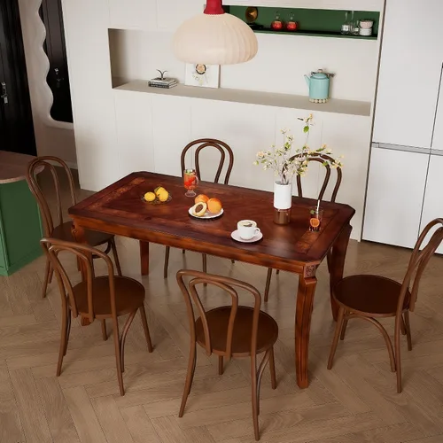 Vista 3 de PADMA HOUSE Mesa de comedor tradicional de madera maciza para 6, 59 pulgadas de largo, mesa rectangular de madera con patas curvas, escritorio