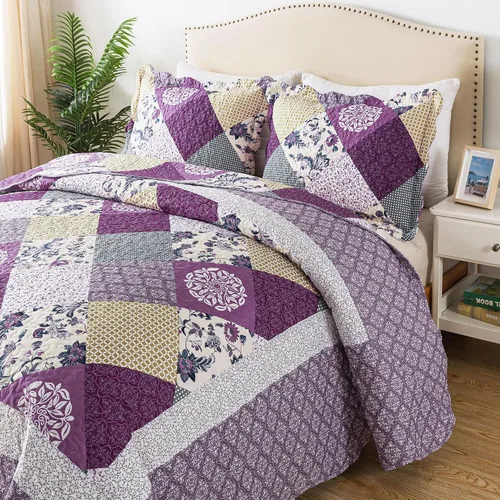 Vista 56 de Juego de cama de dos piezas, tamaño individual, de microfibra, reversible, de retazos, estilo floral, todas las estaciones, patrón de porcelana azul