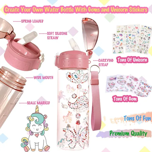 Vista 4 de Decora tu propia botella de agua con toneladas de gemas de purpurina y calcomanías de unicornio, material Tritan sin BPA, 20 onzas, kit