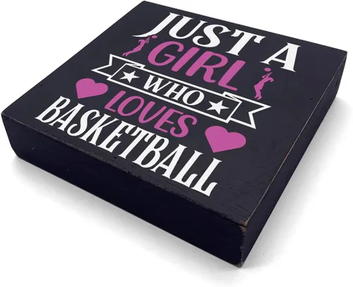 Vista 2 de HTBIG Funny Just a Girl Who Loves Basketball Box Sign Rustic Basketball Lovers Wood Box Sign Art Home Girl Bedroom Shelf Desk Decor 5 x 5 pulgadas