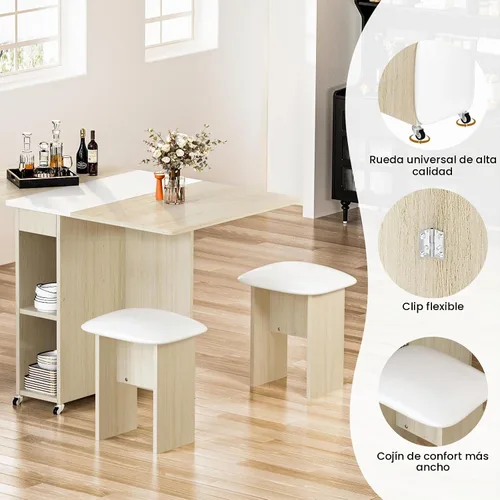 Vista 3 de furlinkhm Juego de mesa de comedor plegable para 4, mesa de comedor con 4 sillas y estantes de cuero, mesa de comedor plegable que ahorra espacio