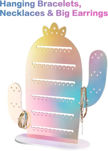 Vista 6 de NiHome Soporte acrílico iridiscente para aretes de cactus 11.2 x 12.8 pulgadas, organizador de aretes para mujer
