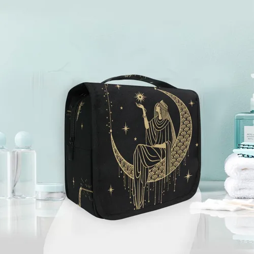 Vista 2 de Neceser colgante portátil cosmético maquillaje sacro noche niña en luna organizador de viaje para hombres y mujeres con gancho resistente, Patrón 1