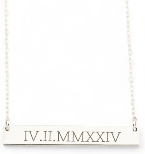 Vista 10 de HotMixCold Collar de barra larga grabado de doble cara, collar de barra de número romano dorado, fecha de boda, coordenadas de plata