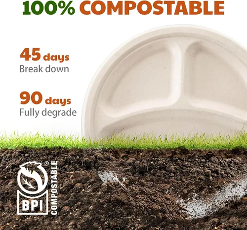 Vista 4 de Platos de papel compostables de 3 compartimentos, 125 unidades, 10 pulgadas, bandejas divididas desechables resistentes para el almuerzo, platos