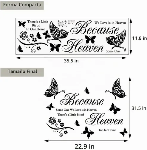 Vista 5 de Calcomanías de pared con citas con texto en inglés "Because Someone We Love is in Heaven", calcomanías de vinilo inspirador religioso