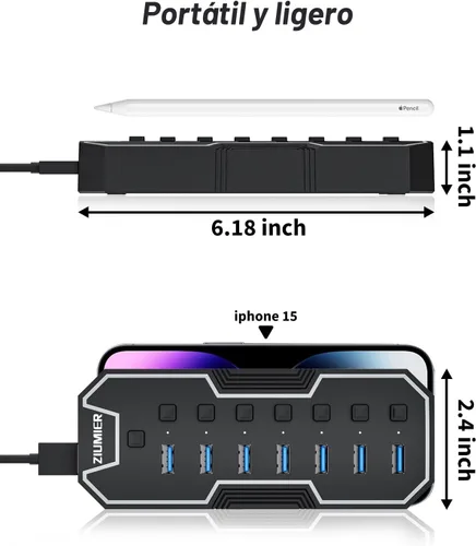 Vista 6 de ZIUMIER Hub USB 3.0, expansor USB de 7 puertos con tira LED RGB, concentrador USB para laptop, interruptores LED individuales de encendido/apagado