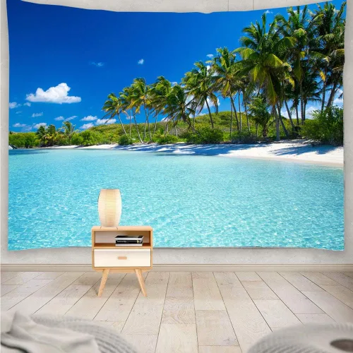 Vista 7 de YISURE Tapiz de playa oceánica para colgar en la pared, 80 x 60 pulgadas, diseño de palmera paraíso tropical, cocotero, decoración de pared hippie