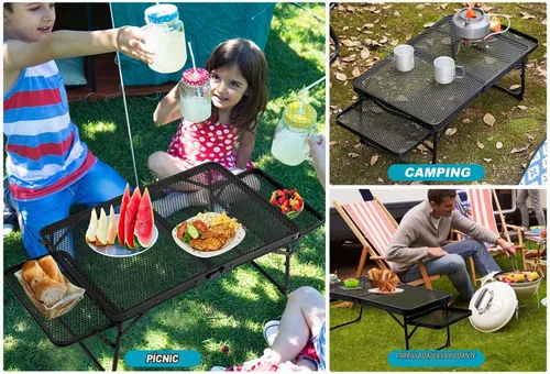 Vista 6 de Mesa de campamento pequeña baja con 2 paneles de alas, mesa de picnic baja plegable y al aire libre con 2 estantes, ligera y fácil de transportar