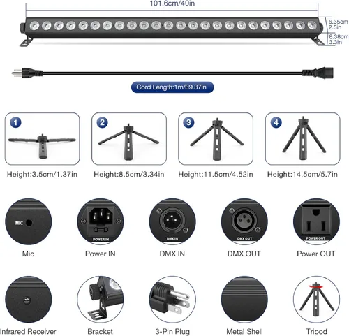 Vista 8 de Barra de luz de lavado de escenario para DJs: luces de lavado de pared RGBW de 120W con LED de fondo RGB - Control remoto IR APP y control DMX