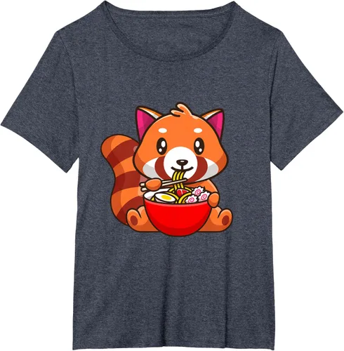 Vista 48 de Camiseta Kawaii Anime Red Panda Eating Ramen Noodles, Negro, S