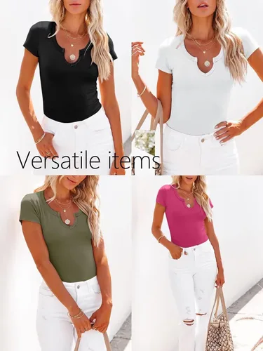 Vista 5 de Camisetas de manga corta de verano para mujer, cuello en V, sexy, camisetas de manga corta para mujer, camisetas ajustadas acanaladas
