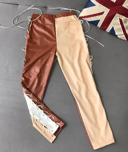 Vista 6 de xxxiticat Pantalones de piel sintética con cordones para mujer, cintura alta, cruzados, huecos, bloques de color, de piel sintética