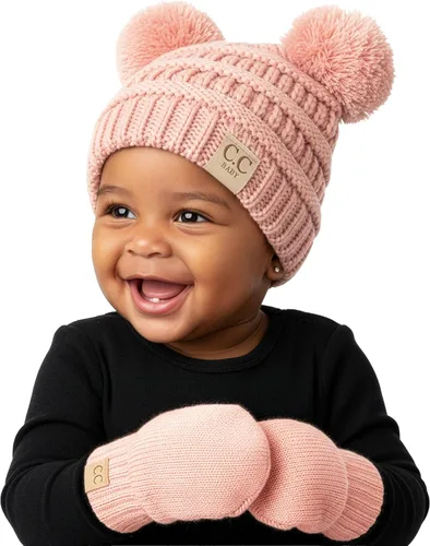 Vista 16 de Funky Junque Conjunto de gorro y mitones con doble pompón de pelo sintético para bebé – Gorro de invierno para recién nacidos de 0–9 meses
