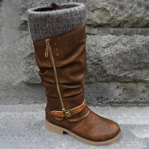 Vista 4 de Botas de media pantorrilla para mujer, botas vaqueras de cuero occidental, elegantes botas altas hasta la rodilla, botas desplegadas vintage