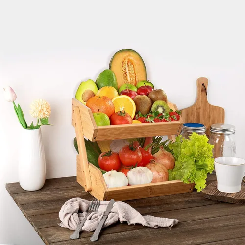Vista 6 de Cesta de frutas de 2 niveles para cocina, soporte de bambú para almacenamiento de frutas y verduras para encimera de cocina, cesta de productos