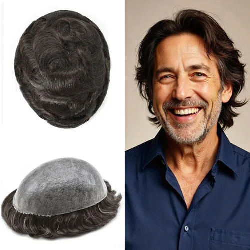 Vista 509 de Toupee para hombre 100% cabello humano real tupé para hombres 0.004 in piel de poliuretano para hombre, sistema de reemplazo de piezas de pelo