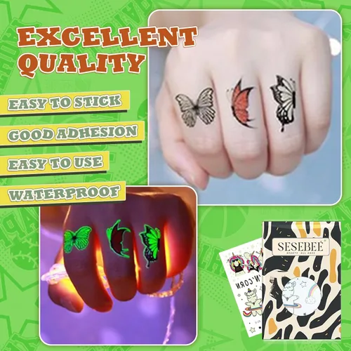 Vista 4 de 200 tatuajes de mariposa luminosos para niños, con temática de unicornio y mariposa, tatuajes temporales para niños, tatuajes temporales que brillan
