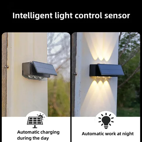 Vista 3 de ASLIDECOR Luces solares de pared con 2 modos de luz blanca cálida/blanco frío, iluminación decorativa impermeable para exteriores con panel solar