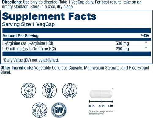Vista 2 de SOLARAY L Arginine L Ornitina 750mg Suplemento de aminoácidos - Precursores del óxido nítrico - Aminoácidos no esenciales que apoyan el bienestar