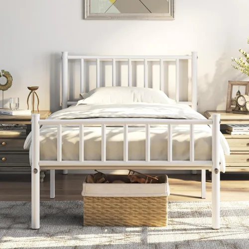 Vista 11 de Topeakmart Marco de cama de metal de tamaño matrimonial con cabecero y Blanco