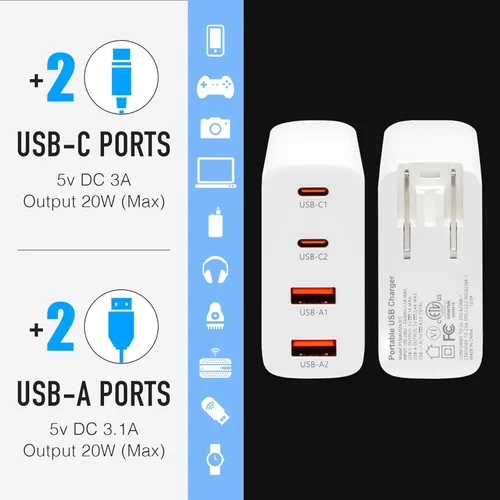 Vista 4 de Regleta de alimentación aprobada para cruceros (Royal Caribbean, Disney y más) – Cargador sin sobretensión [2 USB, 2 USB-C] Bloque de carga de 4
