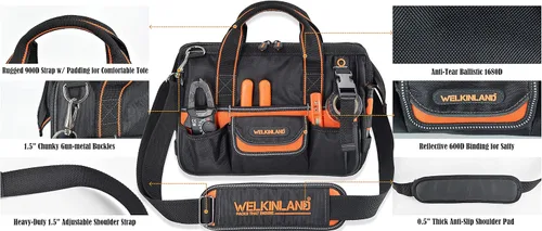 Vista 7 de WELKINLAND Portaherramientas pequeño de 13 pulgadas, organizador de electricista, bolsa de técnico de HVAC, bolsa de taladro para hombres