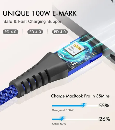 Vista 4 de Cable USB C a USB C de 100 W de carga rápida de nailon trenzado de 3.3 pies, paquete de 2 unidades, azul sweguard Cable de carga tipo C