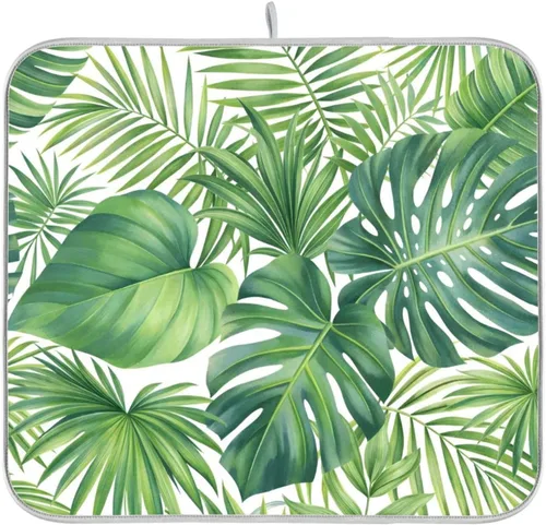 Vista 8 de Tapete de secado de platos con hojas de palma tropical para encimera de cocina, hoja verde de Monstera absorbente de microfibra, almohadilla