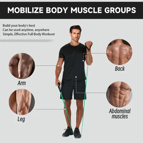 Vista 6 de Bandas de ejercicio con asas, bandas de resistencia con asas, ideales para terapia física, entrenamiento de fuerza, tonificación muscular - Incluye