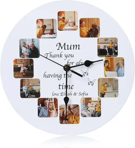 Vista 10 de Reloj personalizado con marcos familiares, decoración de pared, multifoto, grabado con nombre y fecha, relojes digitales inusuales de madera