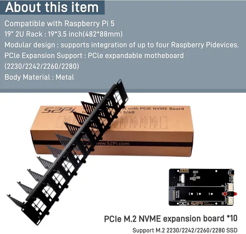 Vista 2 de GeeekPi Soporte de rack de 2U de 19 pulgadas para Raspberry Pi 5, con 10 adaptadores PCIe a M.2 NVMe SSD, compatible con rack de servidores de 19