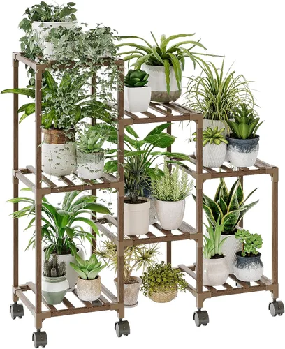 Vista 10 de Bamworld - Soporte esquinero para plantas de interior y exterior, mesa pequeña para varias plantas, estante de madera para jardín, patio, césped