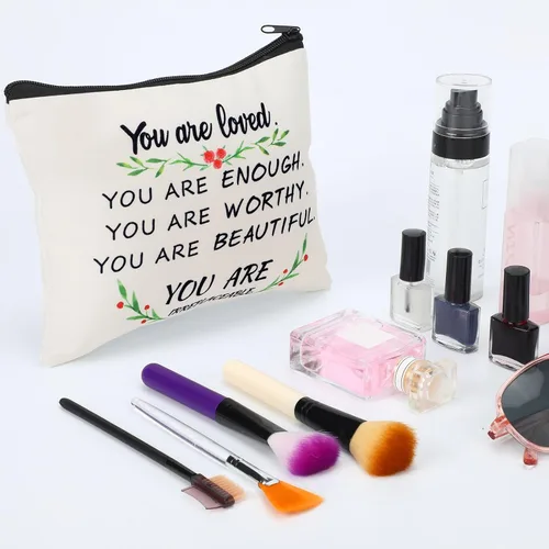 Vista 2 de Pinkunn 10 bolsas de cosméticos inspiradoras para niñas, regalos de la semana de CNA a granel You Are Loved You Are Suficiente, bolsa de cosméticos