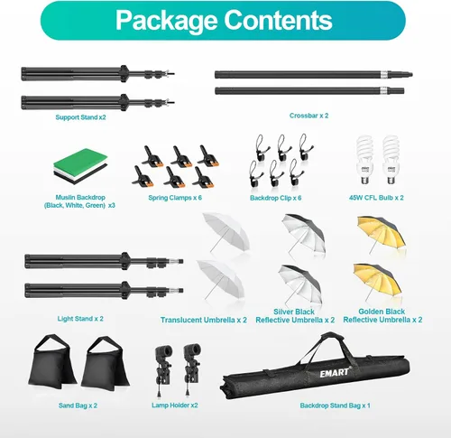 Vista 7 de EMART Sistema de soporte de fondo de 6.5 x 10 pies, kit de iluminación profesional para fotografía con foco CFL de 45 W, paraguas, fondo de 6 x 9