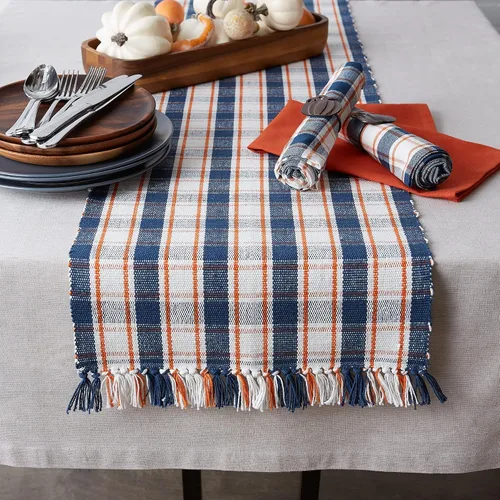 Vista 2 de DII Decoración de mesa de Acción de Gracias y otoño, diseño a cuadros de granja, acanalado, 13 x 72 pulgadas, azul y naranja