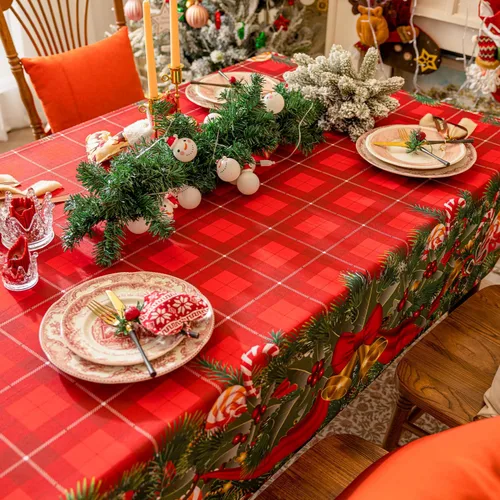 Vista 6 de Softalker Mantel rectangular navideño - Rojo tartán a cuadros impreso con campanas de Navidad y caramelos, manteles de poliéster lavables de tela